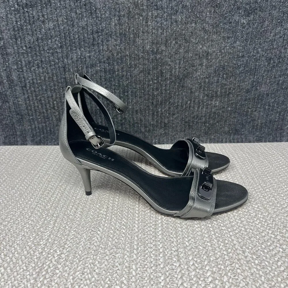 Coach Marcella Ankle Wrap Kitten Heel Silver Leather Italian Women’s 6.5 B